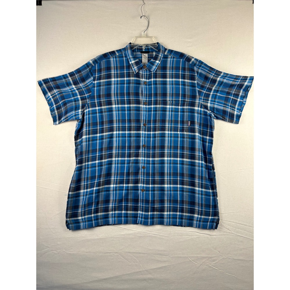 Patagonia Mens XL Blue Plaid Organic Cotton Short Sleeve Button Down Shirt